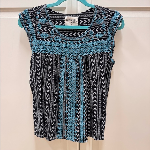 Savanna Jane Black & Turquoise Blue Tribal Pattern Women's Top Cap Sleeve Top - Picture 1 of 8